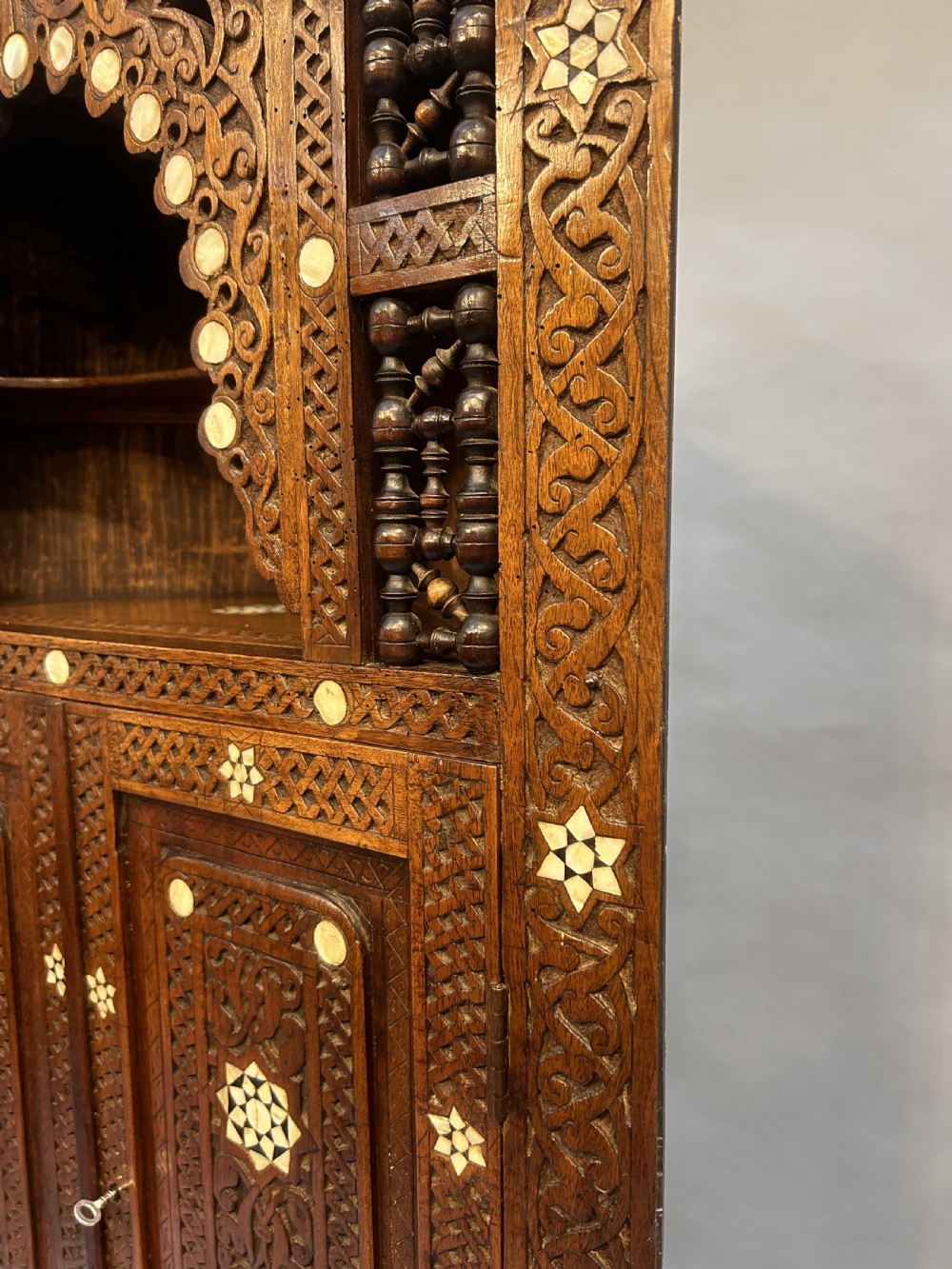 Moorish inlaid hardwood corner display cabinet View II