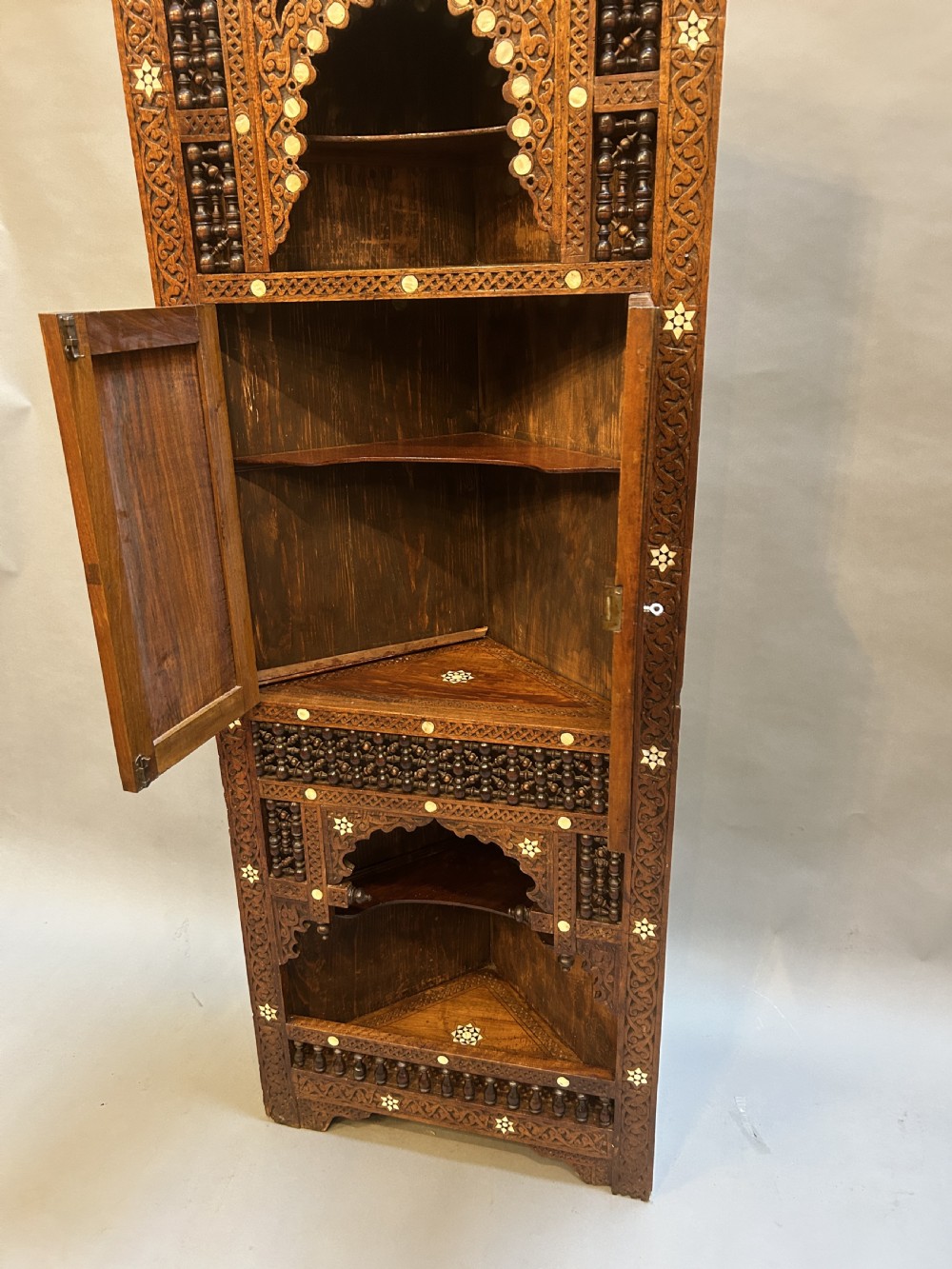 Moorish inlaid hardwood corner display cabinet View III