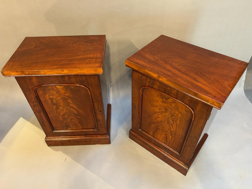A pair of Victorian warm brown flame mahogany pedestal cabinets featuring arched panel doors and plinth bases. View II