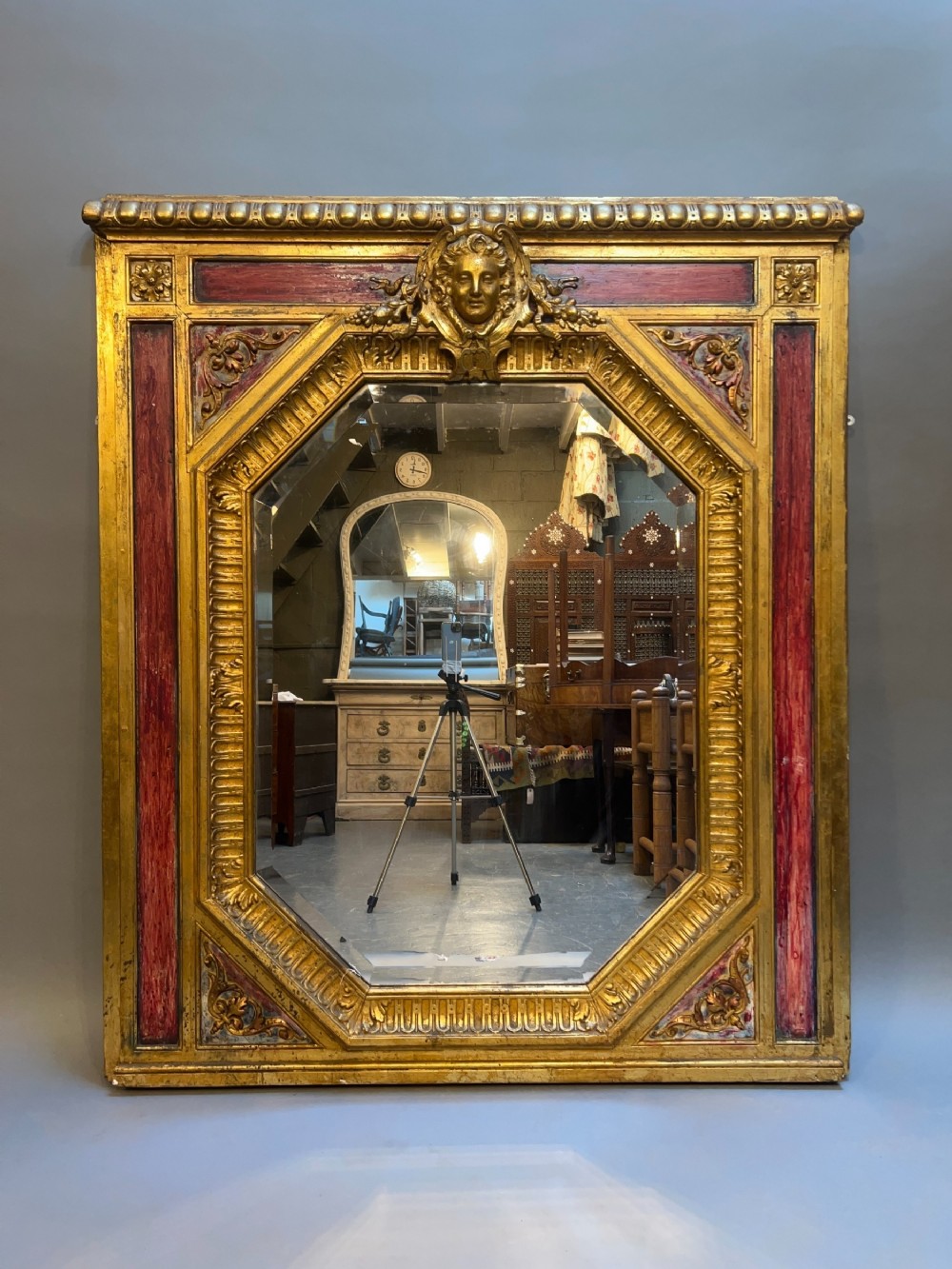 French Gilt & Painted Large Overmantel Mirror