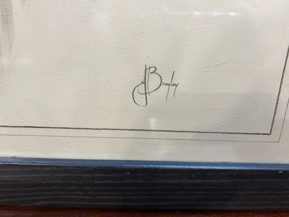 A pair of framed monochrome pencil sketches depicting jet aircraft in high-speed motion, one oriented horizontally and the other vertically. View IV