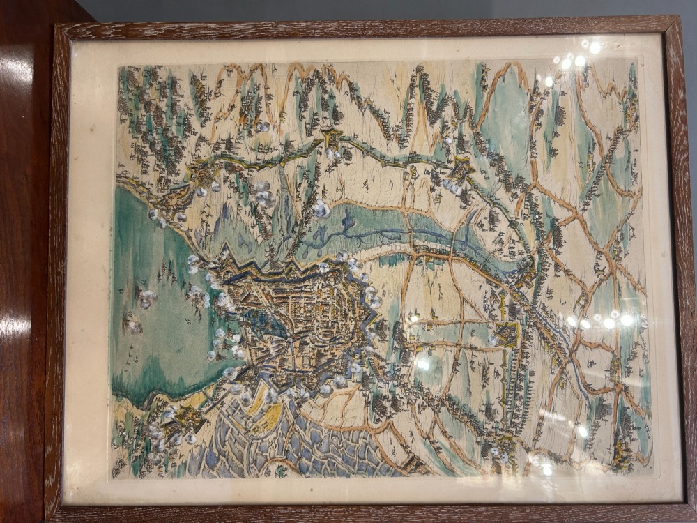 A pair of framed 19th-century prints displaying detailed topographical military formations and coastal maps in matching wooden frames. View IV