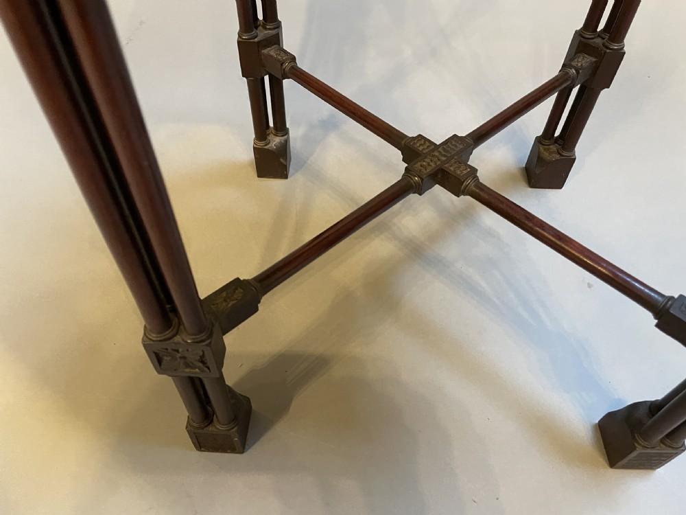A tall mahogany Chippendale revival lamp table featuring a pierced fretwork gallery top, clustered column legs, and an X-form stretcher. View VI