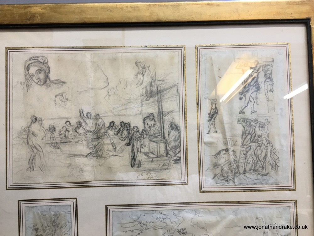 A large gilded wooden frame displaying a collection of eleven individual 18th-century graphite sketches mounted on an off-white mat. View III