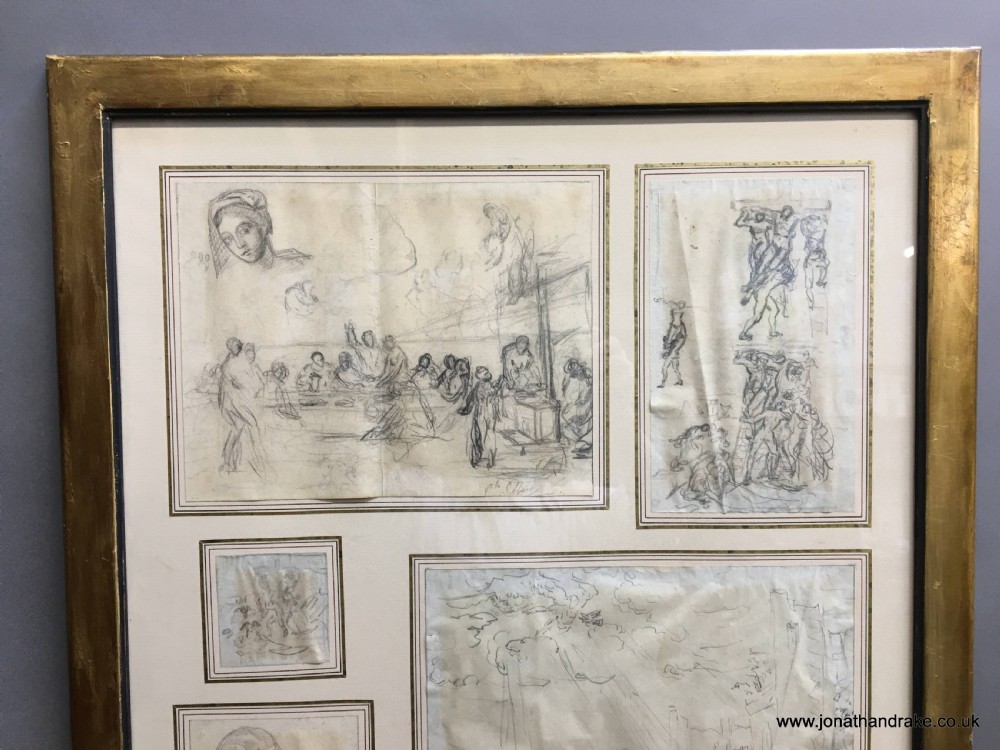 A large gilded wooden frame displaying a collection of eleven individual 18th-century graphite sketches mounted on an off-white mat. View V