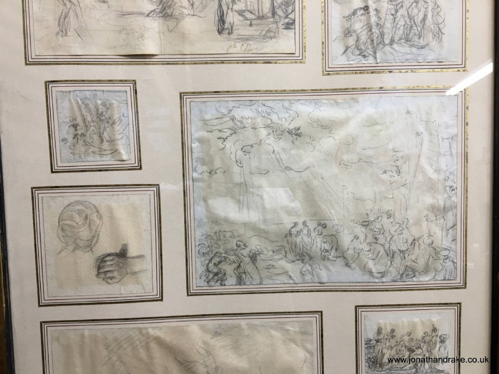 A large gilded wooden frame displaying a collection of eleven individual 18th-century graphite sketches mounted on an off-white mat. View VI
