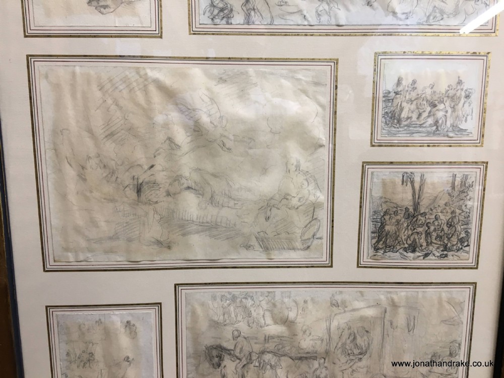 A large gilded wooden frame displaying a collection of eleven individual 18th-century graphite sketches mounted on an off-white mat. View VII