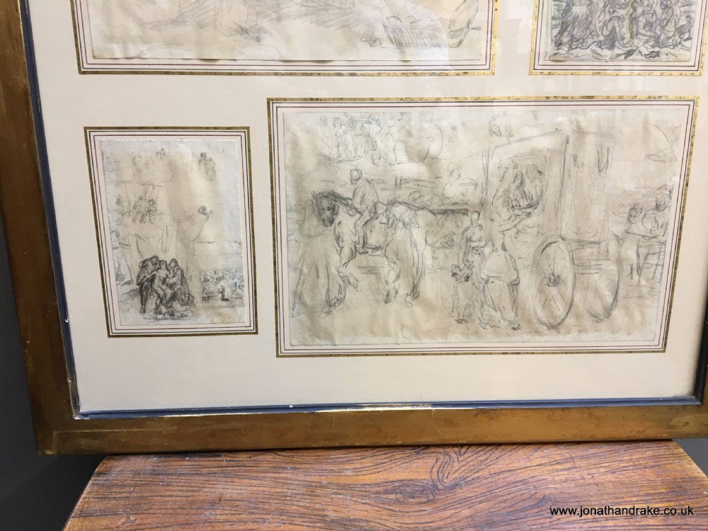 A large gilded wooden frame displaying a collection of eleven individual 18th-century graphite sketches mounted on an off-white mat. View VIII