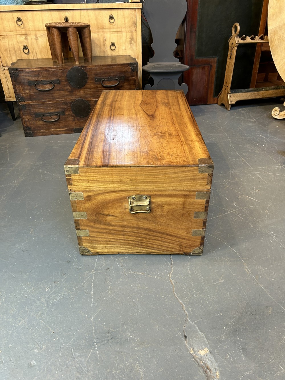 An antique rectangular camphor wood campaign trunk with flush metal handles, corner brackets, exposed dovetail joinery, and a central latch. View VIII