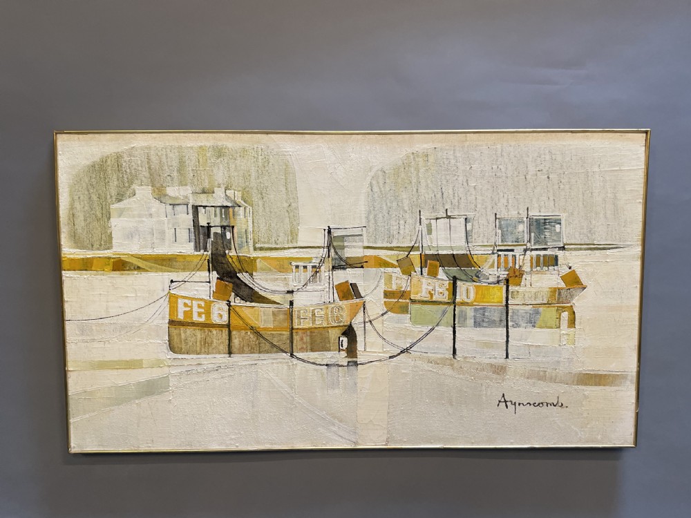 A framed mid-century oil painting on board depicting stylized yellow and grey fishing boats in Folkestone harbour.