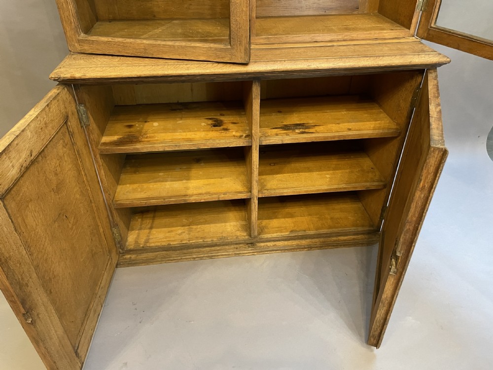 A tall Victorian light oak two-part bookcase with two upper glazed doors revealing adjustable shelves and a two-door cupboard base. View XIX