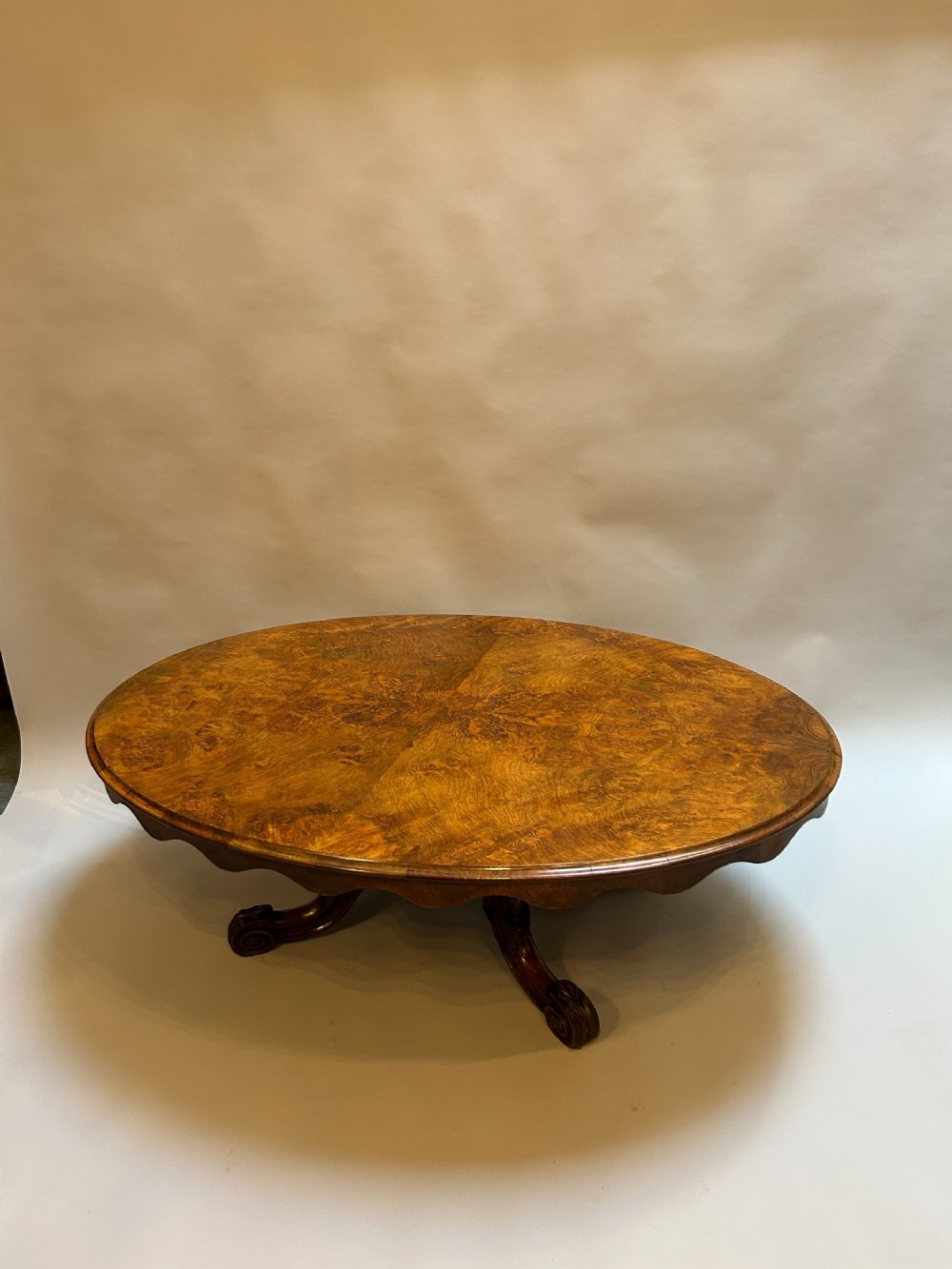 An oval Victorian burr walnut coffee table featuring a scalloped apron, figured wood grain top, and carved legs.
