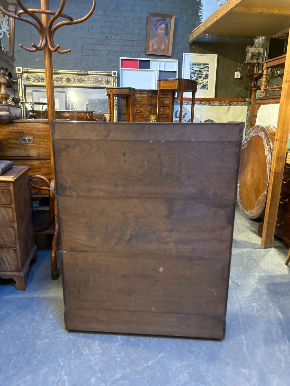 A three-tier antique oak Globe Wernicke stacking bookcase featuring glazed lift-up doors and a base drawer. View XIII