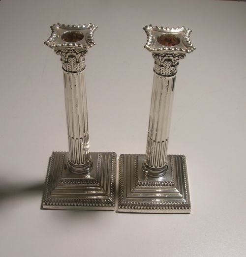 A Pair of Silver Corinthian Column Candlesticks 1918
