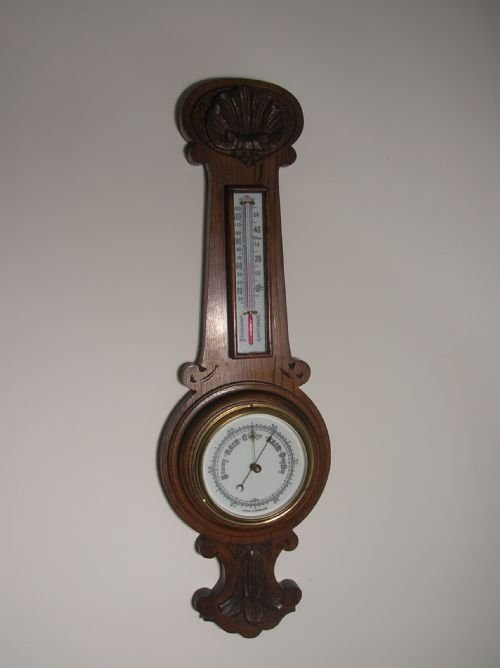 Edwardian Oak Wheel Barometer & Thermometer