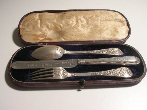 Christening Gift of Silver Knife,fork and Spoon in Moroccan Case