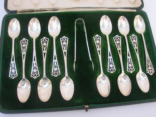 Set of 12 Silver Tea Spoons with Sugar Tongs