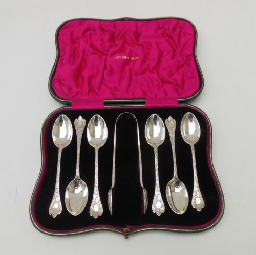 Cased Set of Six Silver Teaspoons with Sugar Tongs