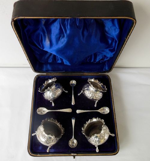Cased Set of Four Silver Salts with Spoons