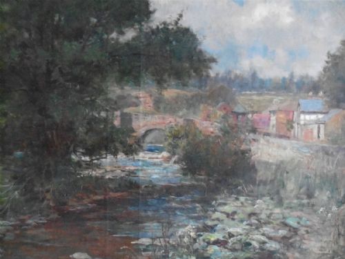 fig 1. An antique oil painting on canvas showing a river landscape with a stone arch bridge and lush foliage, encased in a moulded gold-leaf frame.