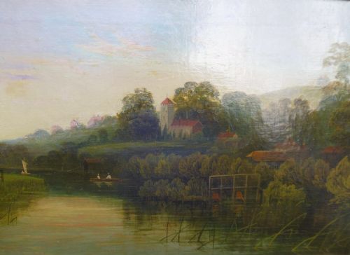 fig 1. A set of four matching rectangular oil paintings on canvas depicting river Thames landscapes, each set within a beaded gilt wooden frame.