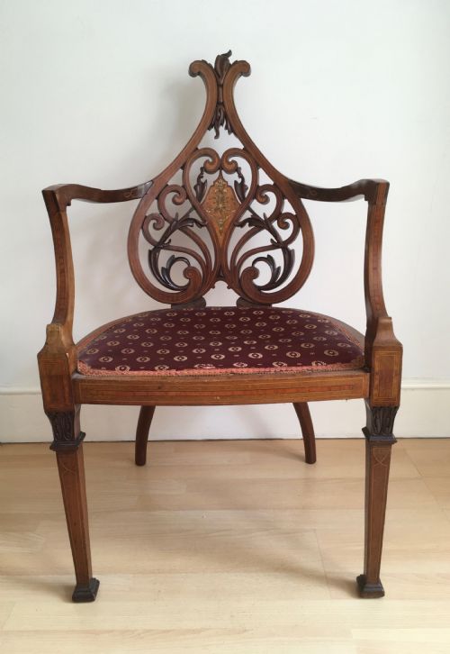 Carved & Inlaid Mahogany Art Nouveau Armchair