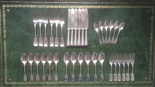 Mixed Set of 36 Pieces of Victorian Silver Fiddle Pattern Cutlery or Flatware