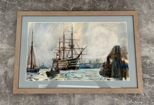 Framed Watercolour Hms Victory Moored Off Portsmouth
