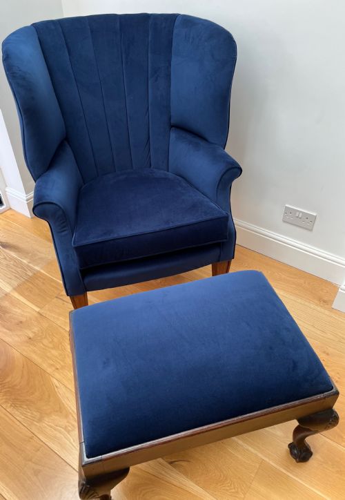 Restored & Re-upholstered Barrel Back Armchair & Stool