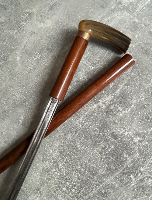 FRENCH SWORD STICK HORN HANDLE GOLD COLOURED COLLAR INITIALS LN - ADDITIONAL PHOTO 3