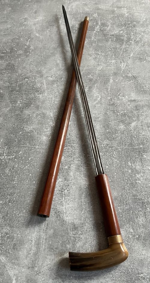 FRENCH SWORD STICK HORN HANDLE GOLD COLOURED COLLAR INITIALS LN - ADDITIONAL PHOTO 1