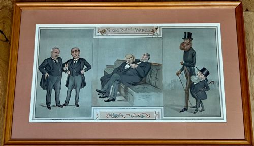 fig 1. A framed 19th-century Vanity Fair chromolithograph featuring political caricatures by Spy set within a terracotta mount and wooden frame.