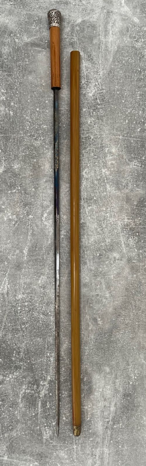 MALACCA SWORD STICK WITH SILVER REPOUSSE KNOP LONDON 1899
