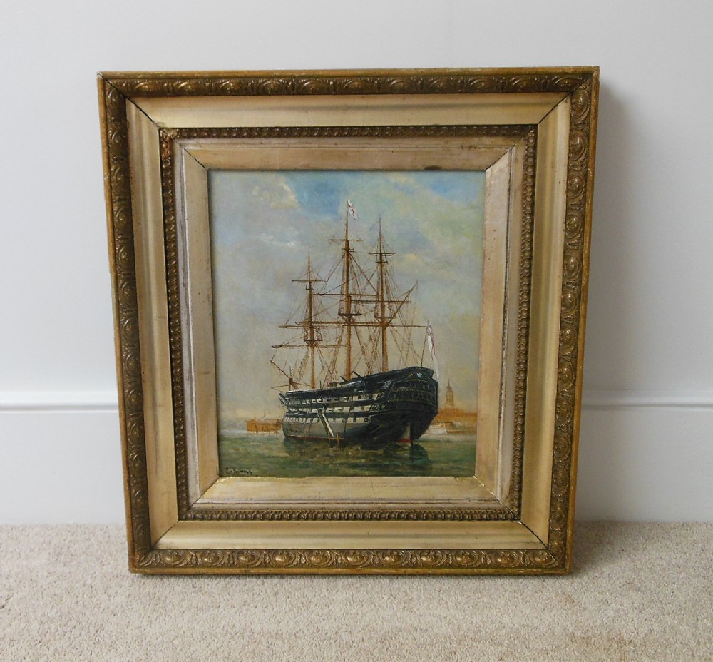 Oil on canvas HMS Victory signed E Robins