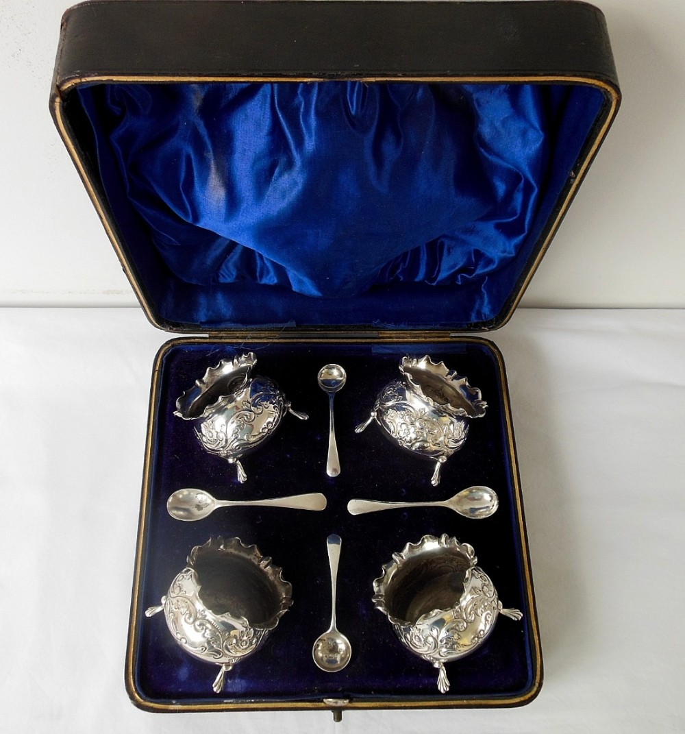 Cased Set of Four Silver Salts with Spoons
