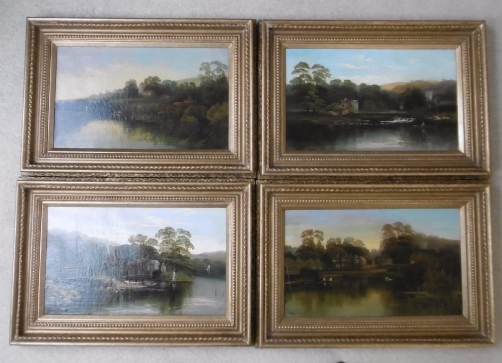 A set of four matching rectangular oil paintings on canvas depicting river Thames landscapes, each set within a beaded gilt wooden frame.