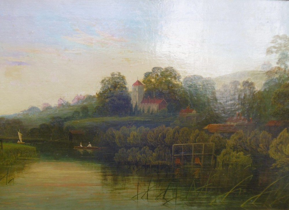 A set of four matching rectangular oil paintings on canvas depicting river Thames landscapes, each set within a beaded gilt wooden frame. View II
