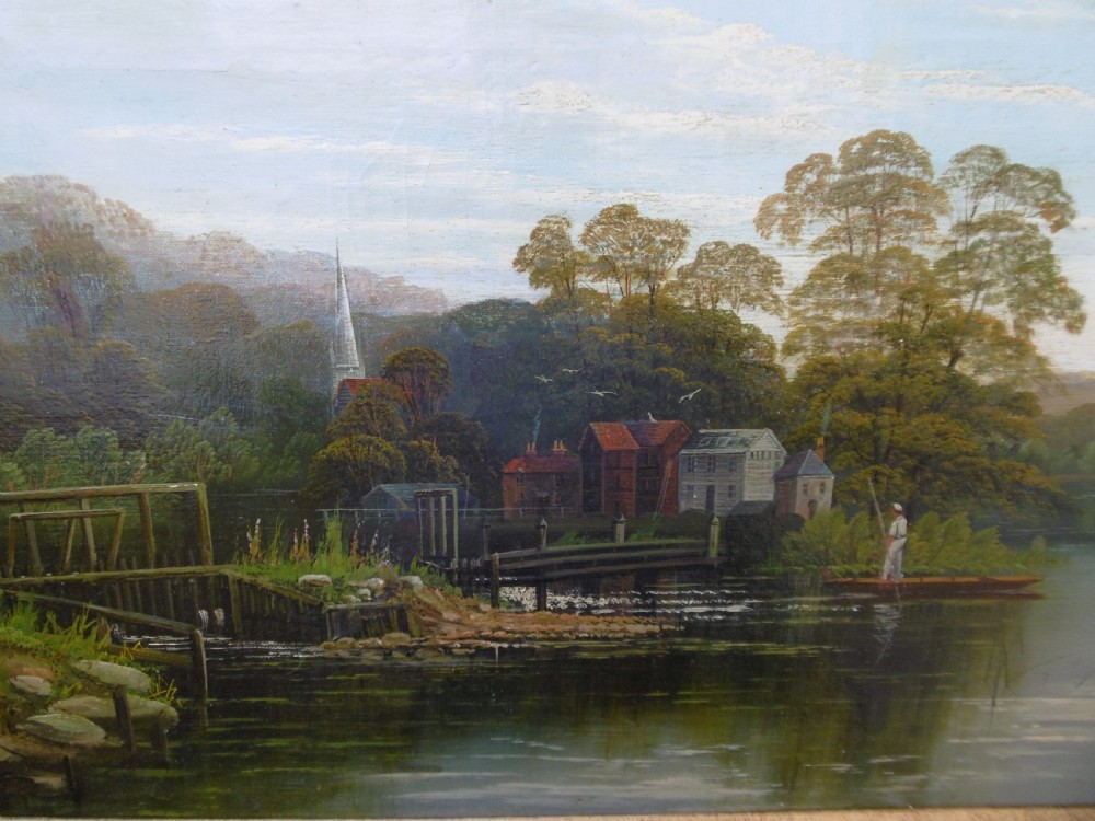 A set of four matching rectangular oil paintings on canvas depicting river Thames landscapes, each set within a beaded gilt wooden frame. View III