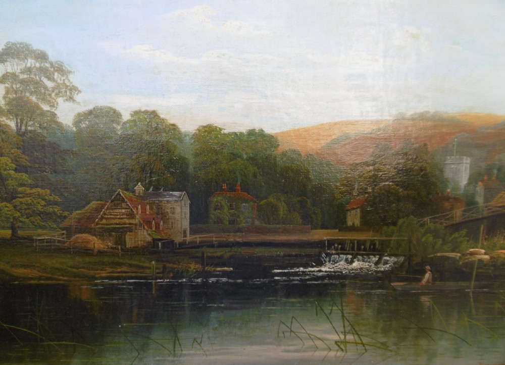 A set of four matching rectangular oil paintings on canvas depicting river Thames landscapes, each set within a beaded gilt wooden frame. View IV