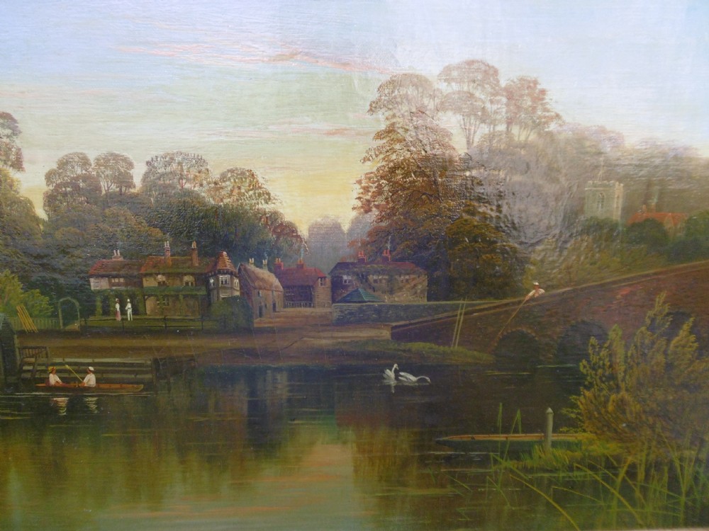 A set of four matching rectangular oil paintings on canvas depicting river Thames landscapes, each set within a beaded gilt wooden frame. View V