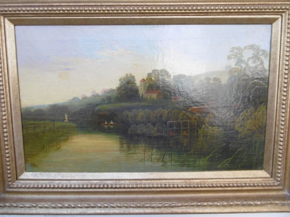 A set of four matching rectangular oil paintings on canvas depicting river Thames landscapes, each set within a beaded gilt wooden frame. View VI