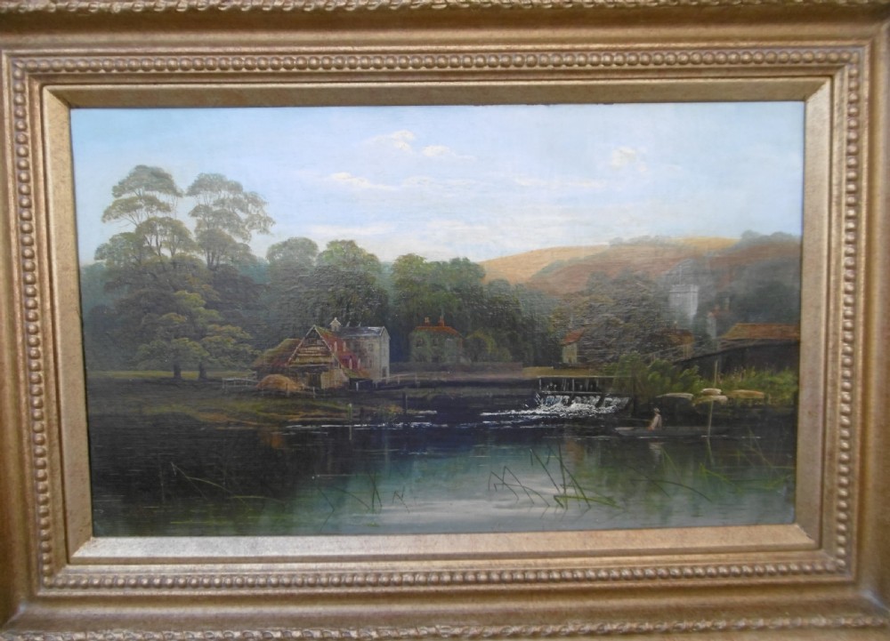 A set of four matching rectangular oil paintings on canvas depicting river Thames landscapes, each set within a beaded gilt wooden frame. View VII