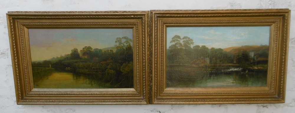 A set of four matching rectangular oil paintings on canvas depicting river Thames landscapes, each set within a beaded gilt wooden frame. View VIII