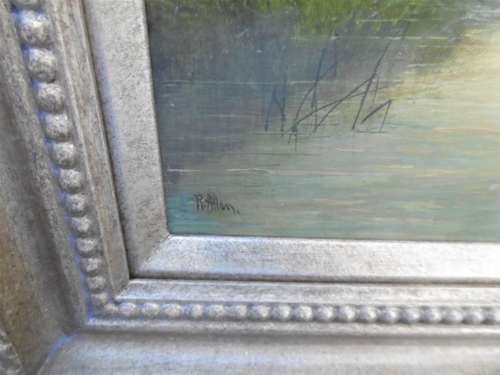 A set of four matching rectangular oil paintings on canvas depicting river Thames landscapes, each set within a beaded gilt wooden frame. View IX