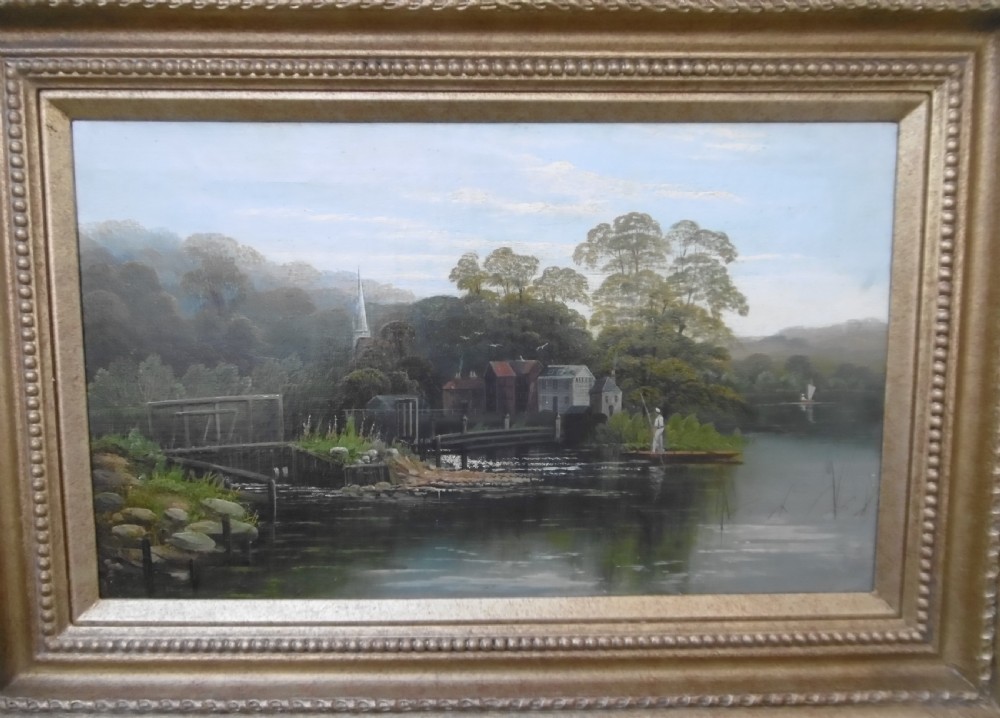 A set of four matching rectangular oil paintings on canvas depicting river Thames landscapes, each set within a beaded gilt wooden frame. View X