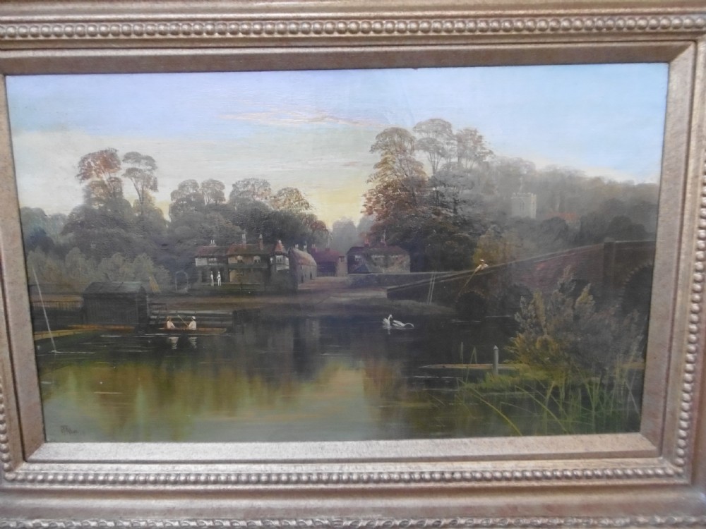 A set of four matching rectangular oil paintings on canvas depicting river Thames landscapes, each set within a beaded gilt wooden frame. View XI