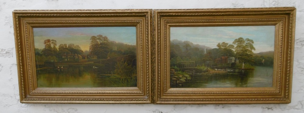 A set of four matching rectangular oil paintings on canvas depicting river Thames landscapes, each set within a beaded gilt wooden frame. View XII