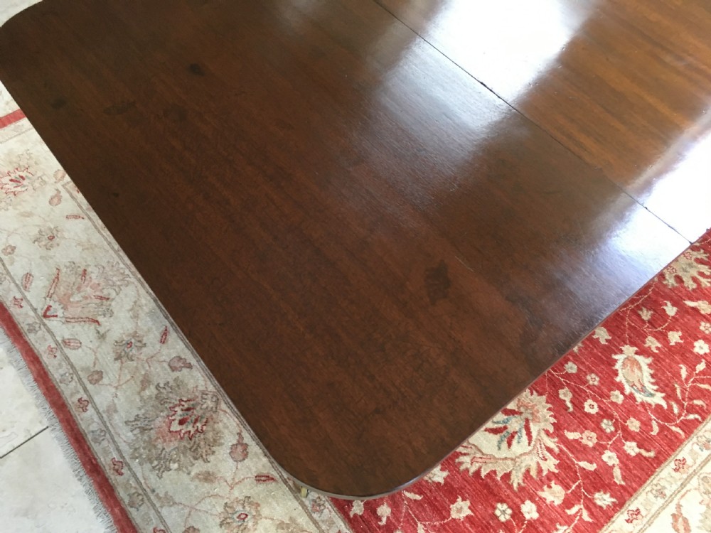 A 19th-century mahogany extendable dining table featuring a polished rectangular top with rounded corners, supported by two turned pillar pedestals on splayed legs with brass castors. View XI