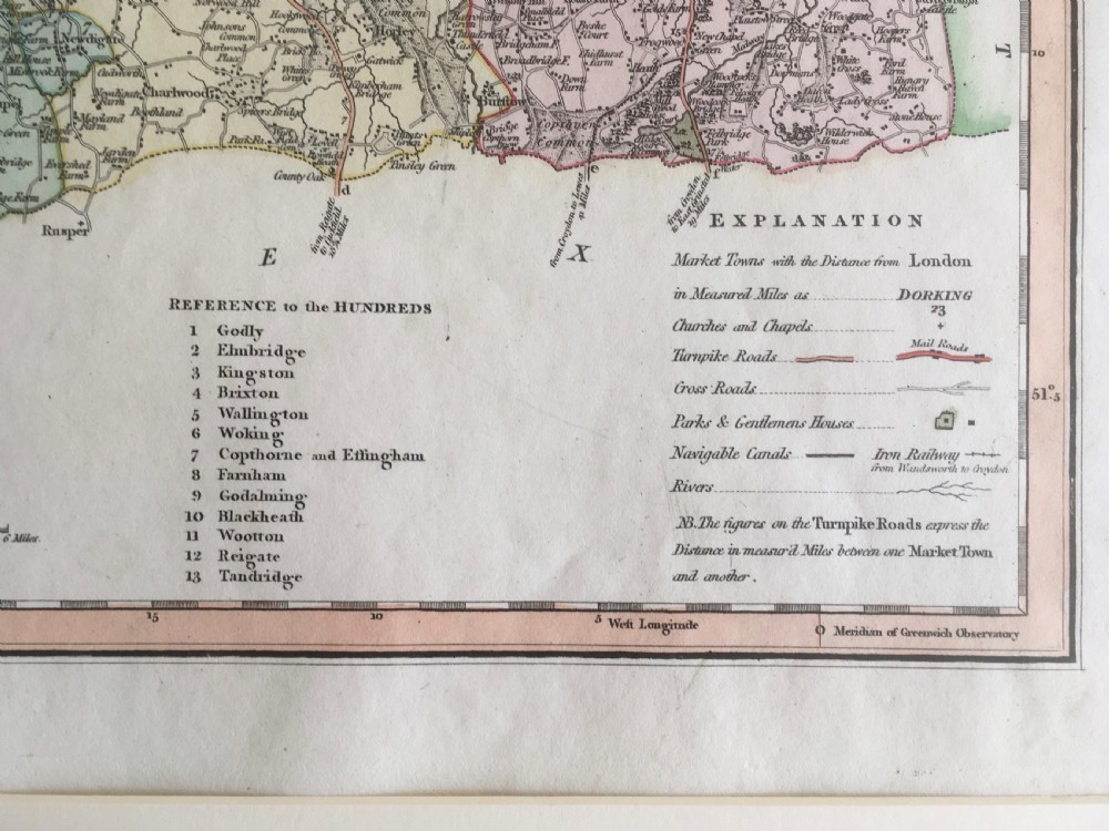 An engraved 1808 hand-coloured map of Surrey by C. Smith, mounted within a broad cream mat board. View III