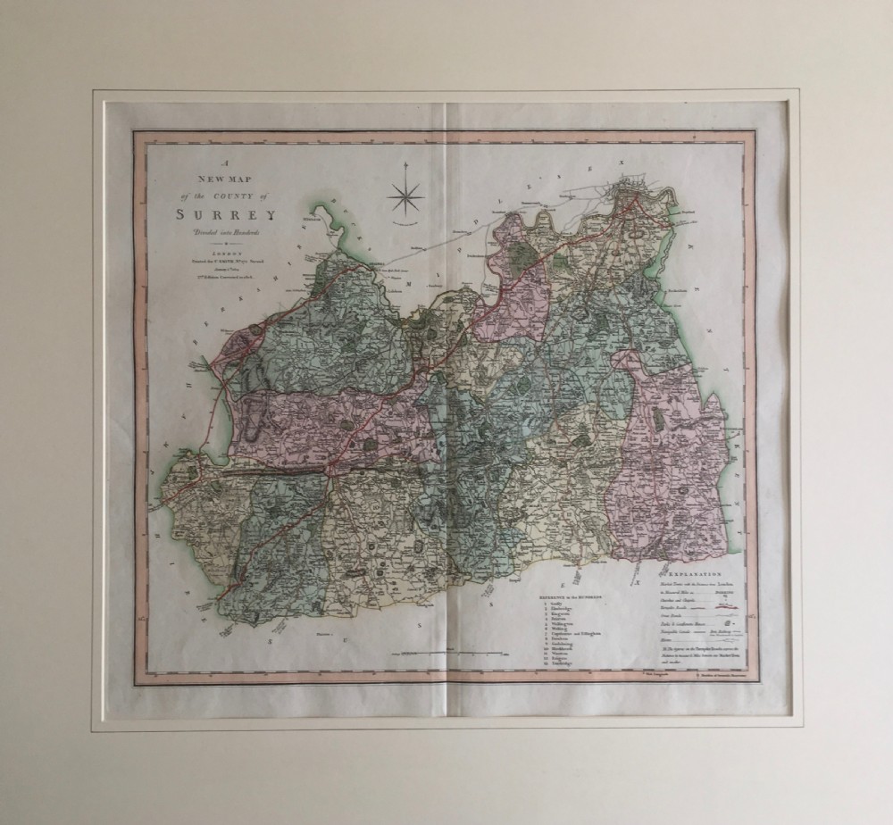 An engraved 1808 hand-coloured map of Surrey by C. Smith, mounted within a broad cream mat board. View IV